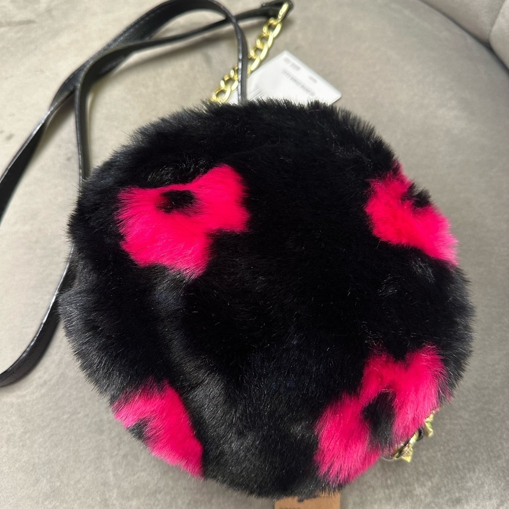Betsey Johnson Black and Pink Faux Fur Crossbody Bag